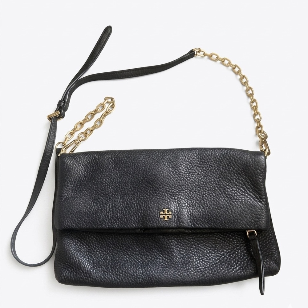 Tory Burch Fold Over Black Leather Crossbody